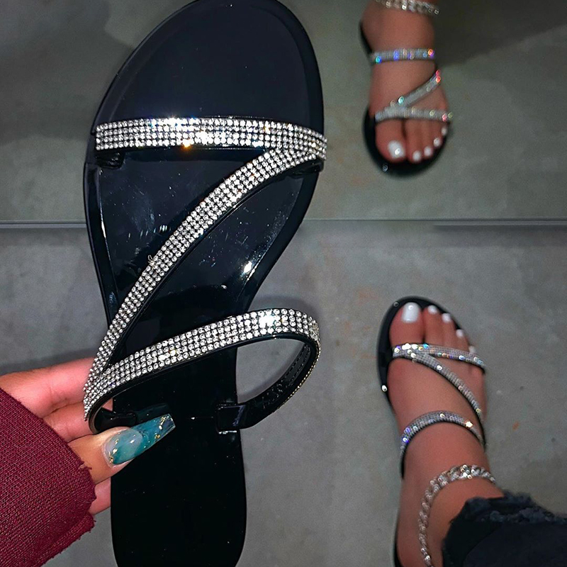 

New Summer Fashion Z-shaped Roman Rhinestone Flat Flat Women's Slippers Comfortable solid color wild outdoor plus size Slippers, Black