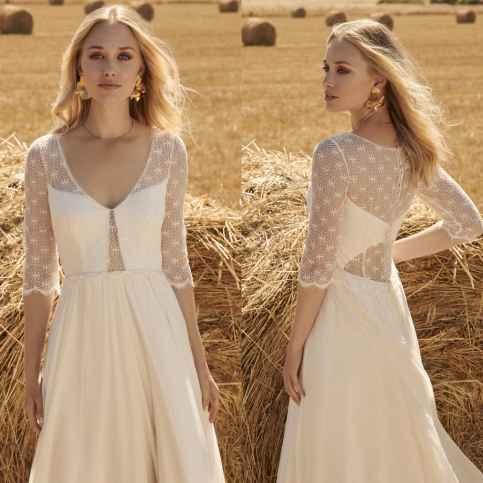 

2020 Modest Rembo Styling Elegant Bohemian V Neck Half Sleeve Wedding Dresses Lace Tulle Wedding Gown Sweep Train robe de mariée, Royal blue