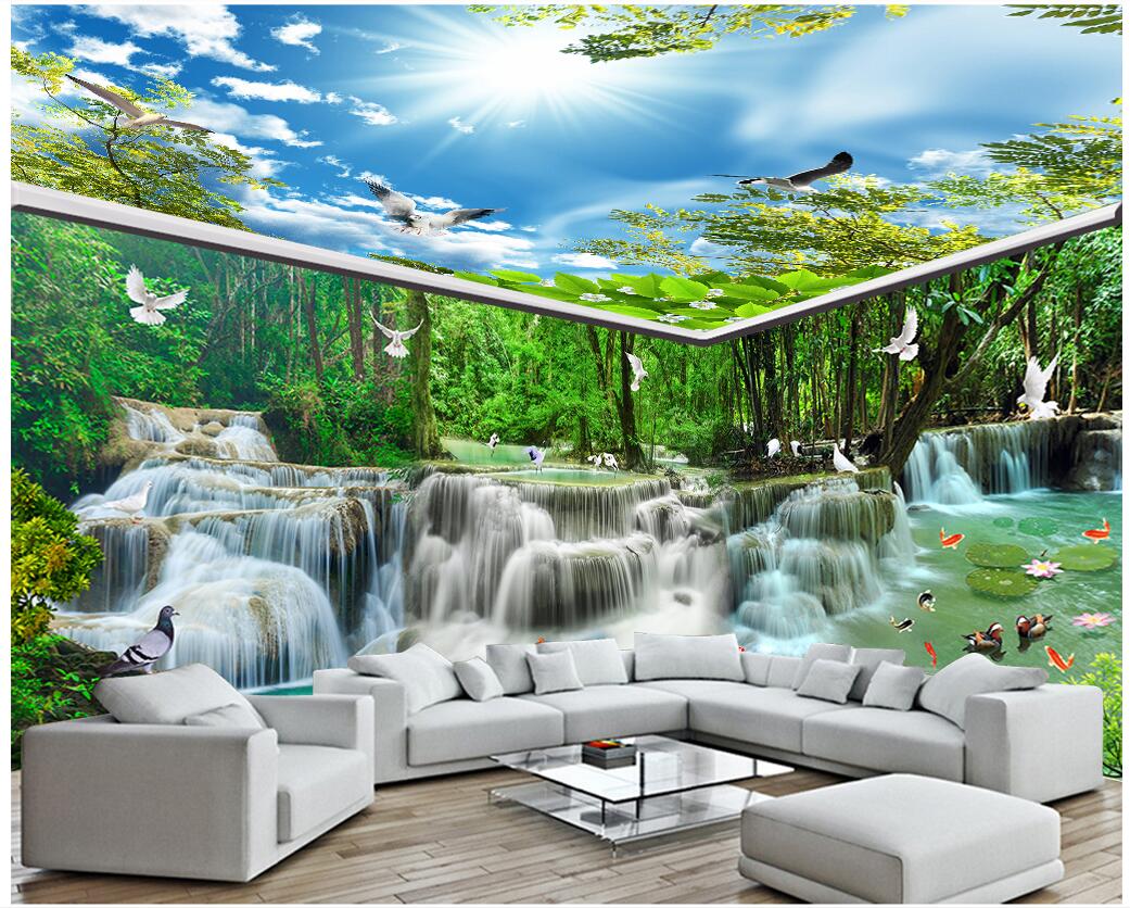 

3d wallpaer custom mural photo Waterfall water forest pigeon Lotus carp full background wall home decor living room wallpaper for walls 3 d, Customize