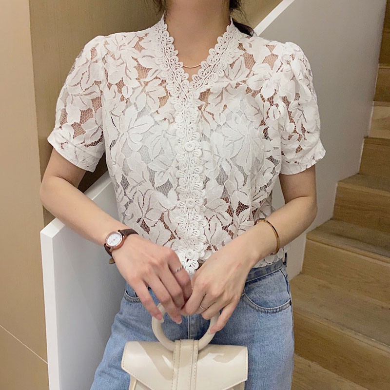 

Womens V-neck Blouses Summer Tops Fashion Puff Sleeve Shirt Sweet Lace Blouse Shirts Women's Clothing, White