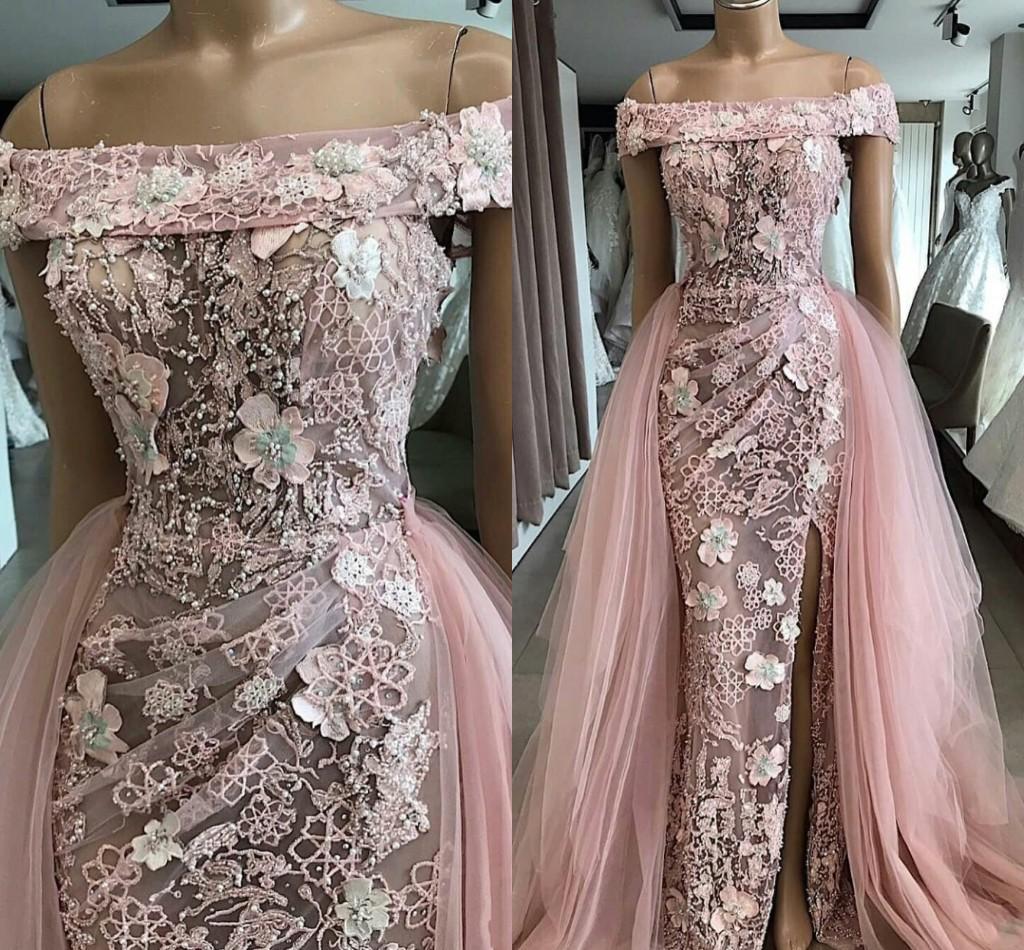 

Dusty Pink 3D Flowers Mermaid Evening Dresses Elegant Off The Shoulder Detachable Train Plus Size Prom Gown 2020 Formal Party Dress, Green