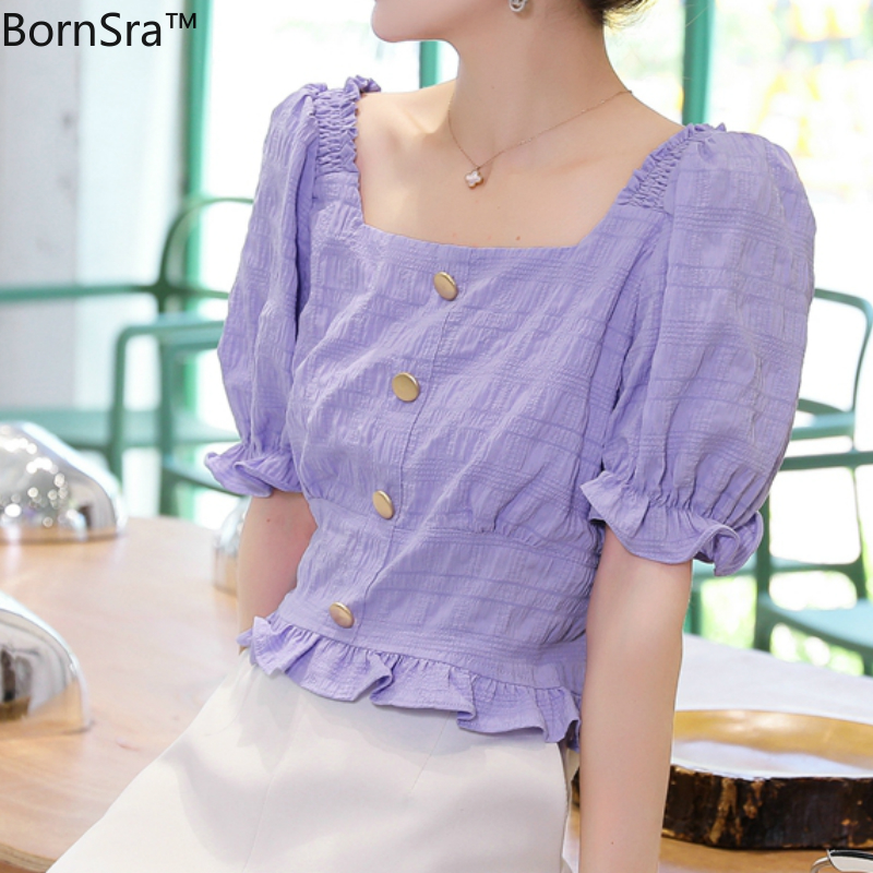 

Bornsra 2020 Summer Chiffon Shirt Female Short-sleeved Horn Sleeve Hubble-bubble Collar Square Collar Knitted Woman White Blouse, Purple