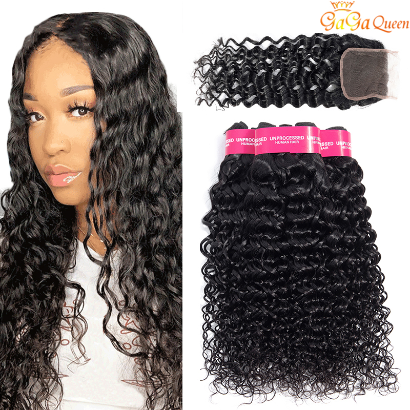

Brazilian Water Wave Virgin Hair With Lace Closure 4x4 lace Closure With Brazilian Water Wave Human Hair Bundlese, Middle part