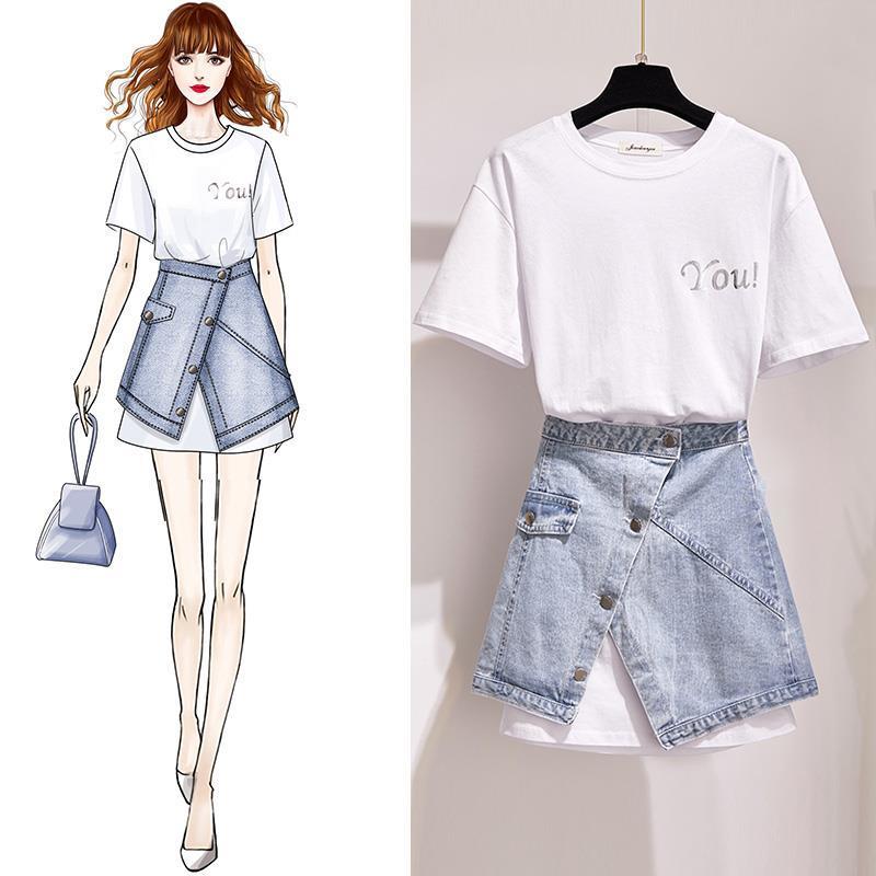 

Womail Tracksuit Women Autumn Fashion 2PCS Set Plus Size Pattern Long T + Jean Skirt Elegant Criss-Cross Suit Two Piece Sets Z29, As pic