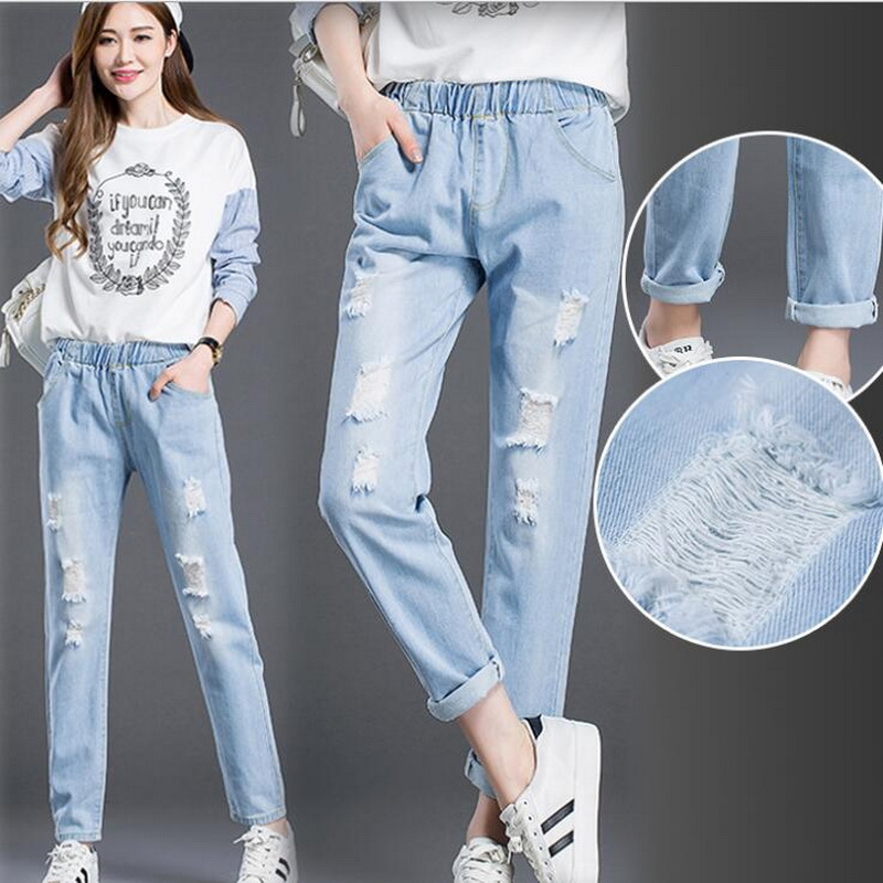 

Women Ripped Jeans Hole Elasticated Waist Light Blue Jeans Girl Denim Harem Pants Women' loose Ankle-Length Girl