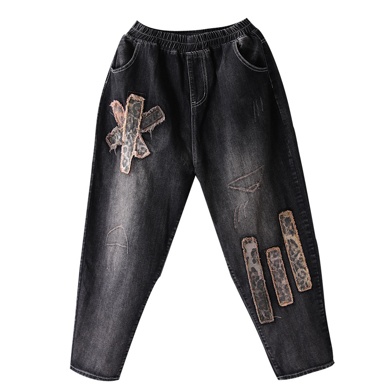 

Women Jeans Denim Patchwork Loose Bleached Retro Distressed Full Length Elastic Waist Fashion Autumn Winter Female Jeans Wild, Black