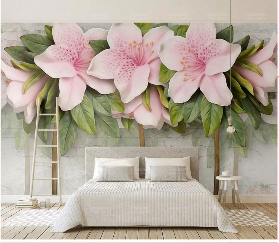 

WDBH 3d photo wallpaper custom mural Embossed pink flowers leaves brick wa tv background wall home decor living room wallpaper for walls 3 d, Non-woven wallpaper