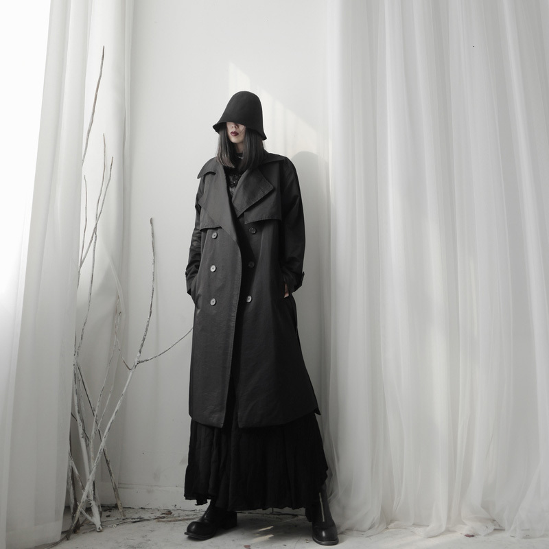 

Women Black Bandage Long Big Size Trench New Lapel Long Sleeve Loose Fit Windbreaker Fashion Autumn Winter 2020 19A-a676