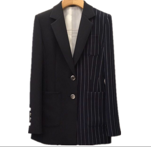 

New Women Blazer Coat Turn Down Collar Striped Patchwork Female Fashion Slim Long Blazer Style Suit Jacket, Black