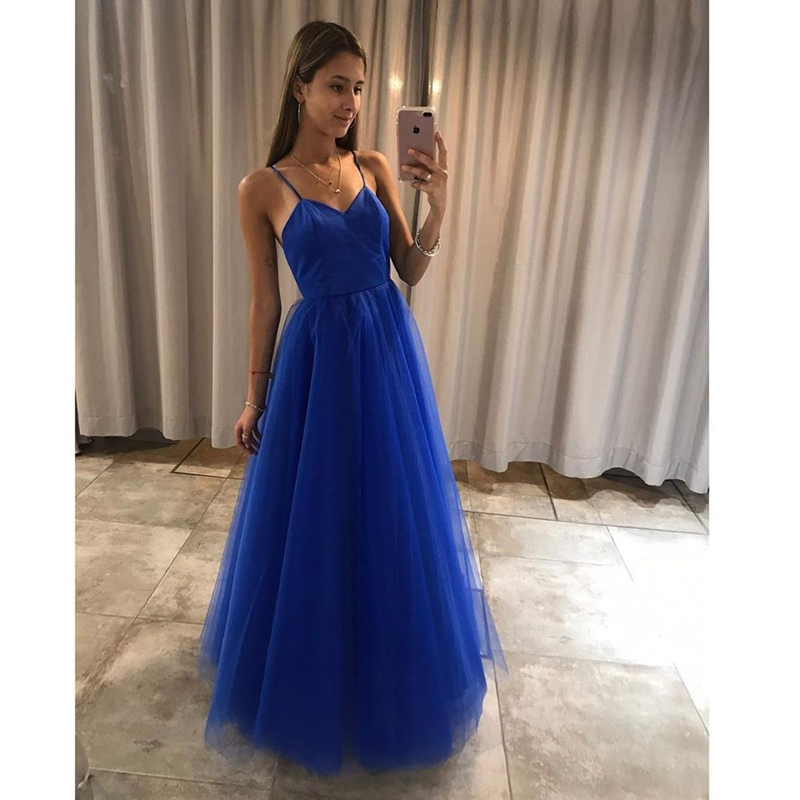

Simple Prom Dresses 2020 Royal Blue Tulle A-line Spaghetti Straps Girls Long Graduation Gowns Women Formal Party Dress Custom, Black