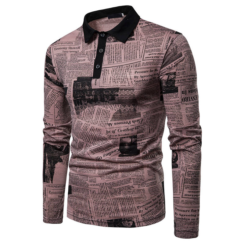 

Vintage Printed Mens Polo Shirts Newspaper Lapel Neck Long Sleeve Mens Shirts Casual Street Style Male Apparel