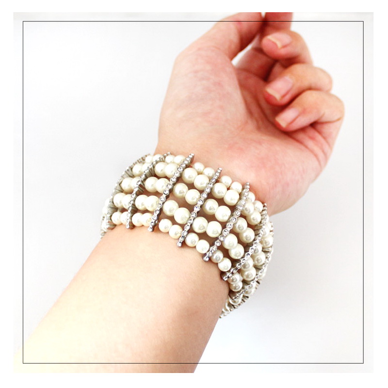

Fashion Brand Mixmatch OL Style Bangle Imitation Pearl Cubic Zirconia Extensible Elastic Bracelet 5-Row 4cm Wide Bracelet, Golden;silver