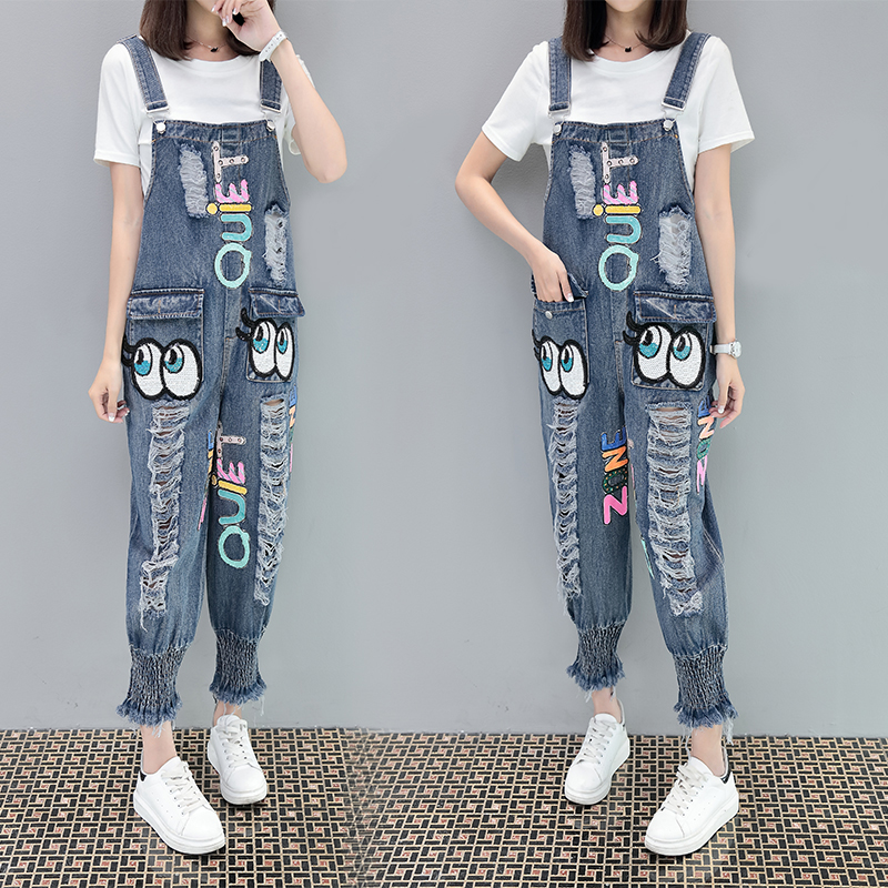 

Februaryfrost 2020 Cute Girls High Waist Ripped Jeans Casual Cartoon Embroidery Loose Skinny Cropped Denim Overalls Plus Size, Black
