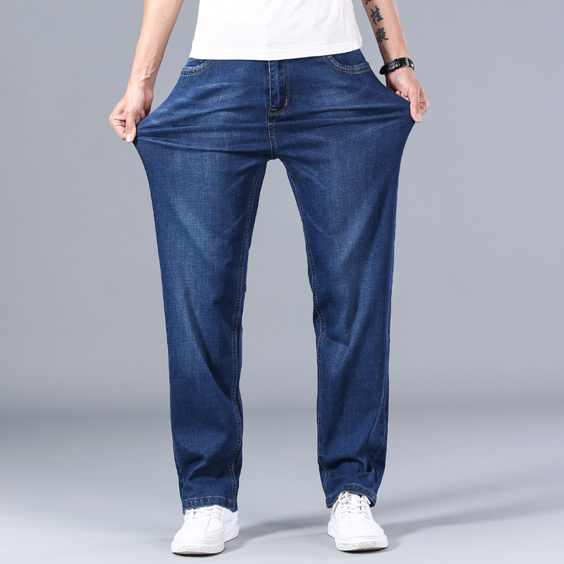 

Men's Jeans 2020 Summer New Loose Straight Denim Pants Male Classic Advanced Stretch Trousers Plus Size 40 42 44, Blue