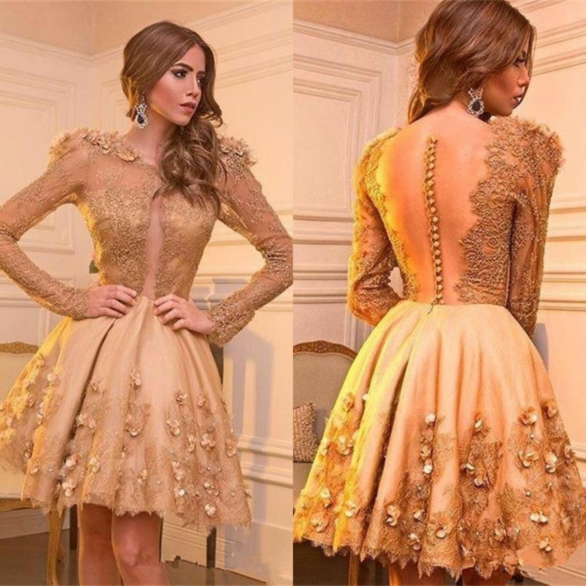 

Gold Lace Long Sleeves Cocktail Dresses Luxury Fashion Applique Flowers Short Formal Party Dress Backless Prom Gowns, Water melon