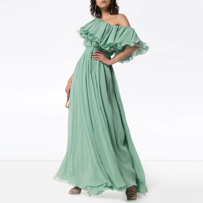 

Summer new retro dress green floral drag sexy long dress slant shoulder elegant super Fairy, As picture