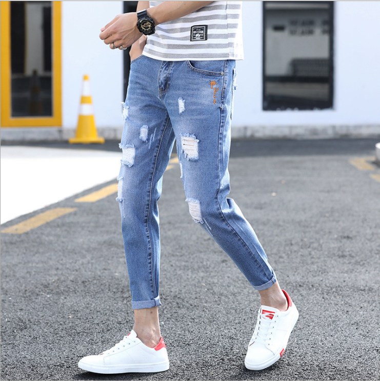 

Spring and summer 2020 men's jeans Korean slim leggings student trend fashion casual men's pants, Blue