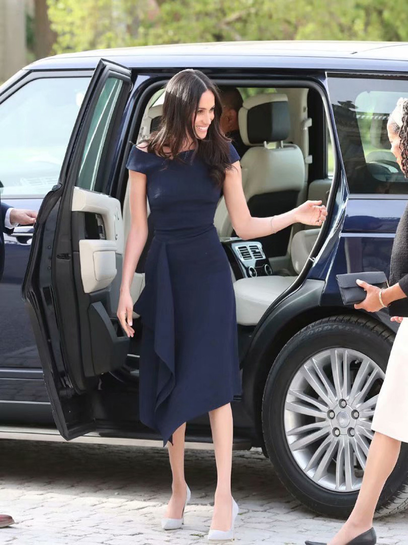 

Off Shoulder Dress Meghan Markle Princess Ruffled Women Asymmetrical Dresses, Blue