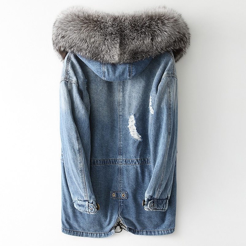

New Parka Real 2020 Women Winter Denim Jacket Hooded Natural Fur Liner Warm Jeans Coat Overcoat KQN79762-2 KJ4265, Blue