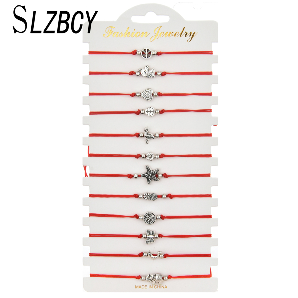 

12 pcs/set Silver Color Star Heart Butterfly Charm Bracelets Women Girl Child Adjustable Red Rope Bracelet Anklet Yoga Jewelry