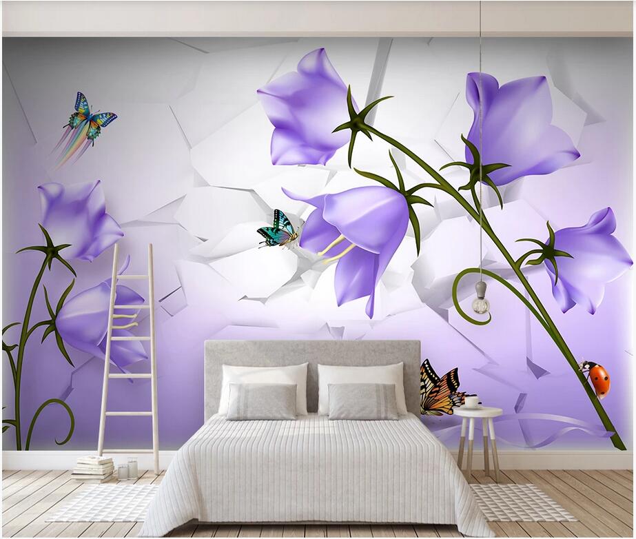 

Custom wall stickes photo Fantasy purple flower butterfly 3D TV sofa background canvas pictures home decor murals wallpaper for walls 3 d, Non-woven wallpaper