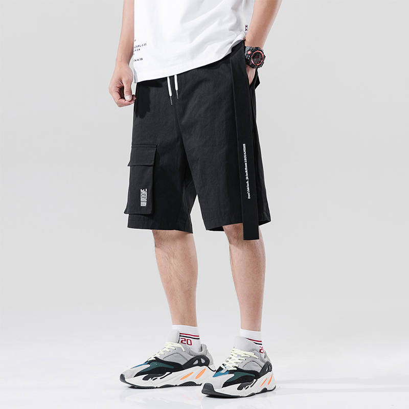 

Januarysnow Streetwear Summer Casual Shorts Men Fashion Ribbons Pocket Cargo Shorts Bermuda Knee Length Men Short Pants, Black