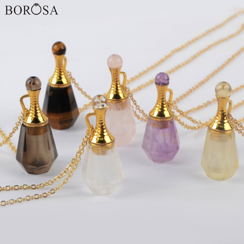 

BOROSA 3Pcs 26inch Gild Amethysts Natural Stone Perfume Bottle Necklace Essential Oil Diffuser Rose Quartzs Necklace WX1223-N