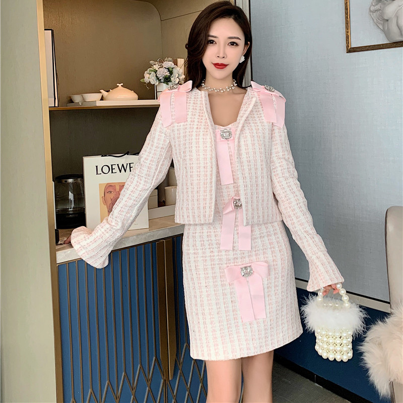 

Casual Dresses Fashion Designer Pink Bowknot Tweed 2 Piece Set Dress 2021 Winter Women' Long Sleeve Jacket + Sexy Spahgetti Strap