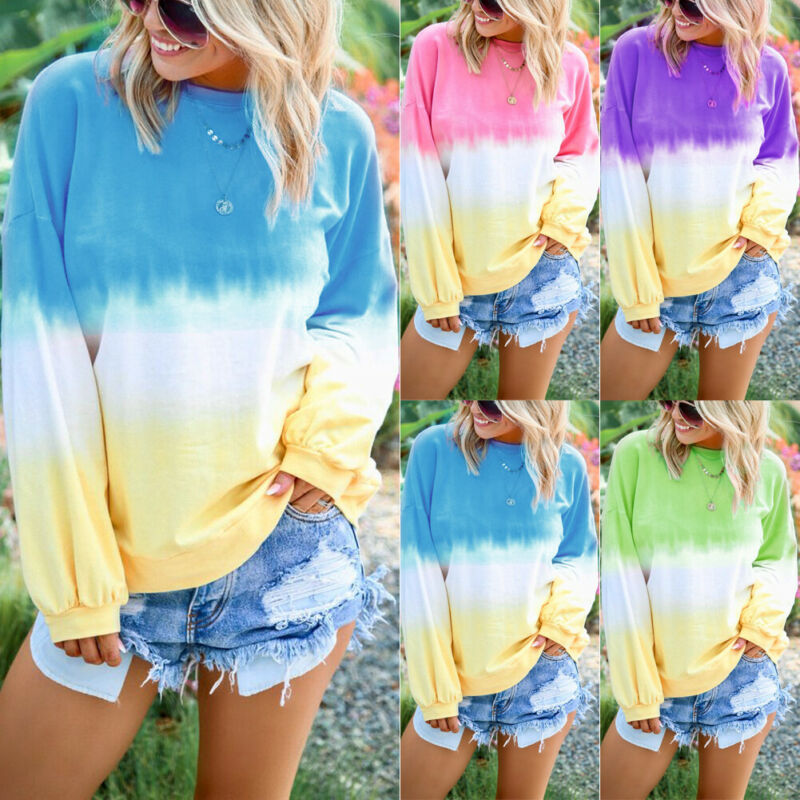 

Early Autumn Brand New Gradient Print Tops Tees Women Trendy Long Sleeve Crew Neck Rainbow Color Block Loose Leisure T-Shirt