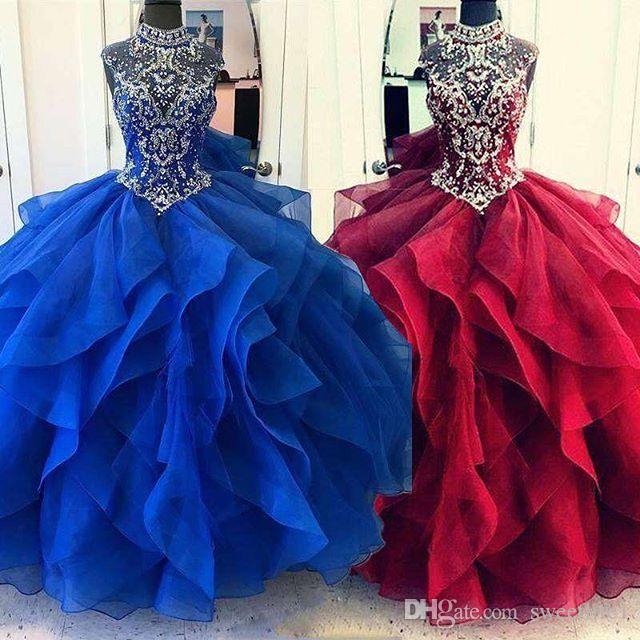 

2019 Elegant Crystal Beads Quinceanera Dresses High Neck Ruffles Tiered Skirst Organze Swwet 16 18 Party Prom Dresses Custom Made, White
