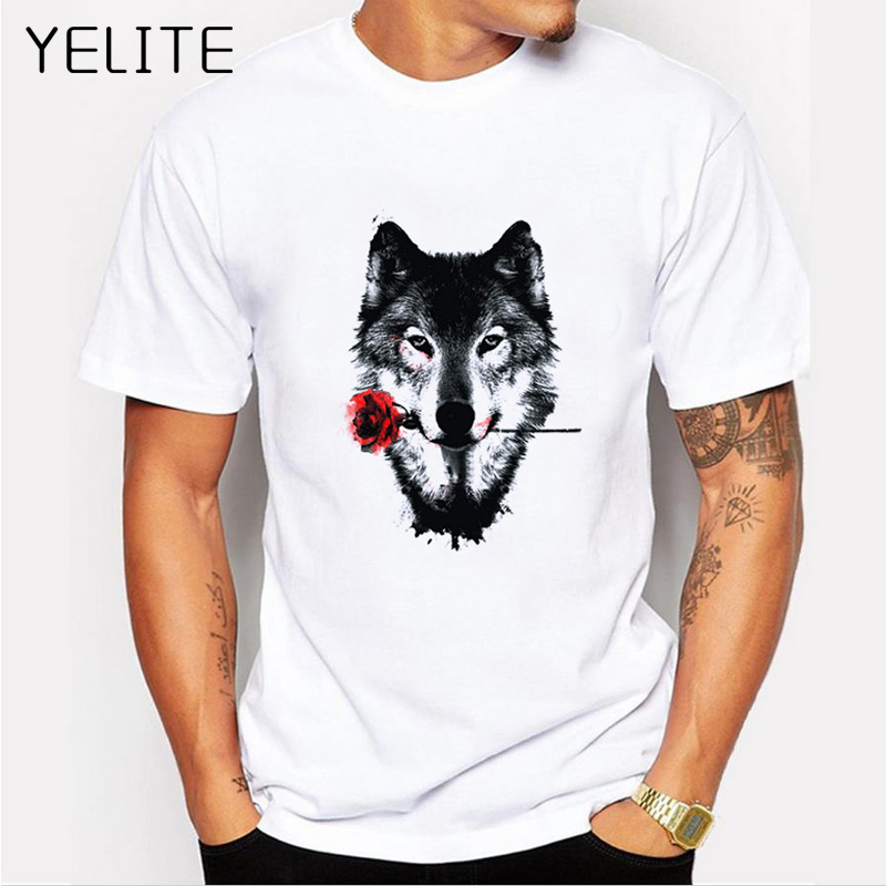 

YELITE 3D Wolf Dog Rose T Shirt White Men Summer Funny Wolf Man' T-shirt Casual White Hip Hop Animals Shirt Plus Size 4XL Tees, As pic