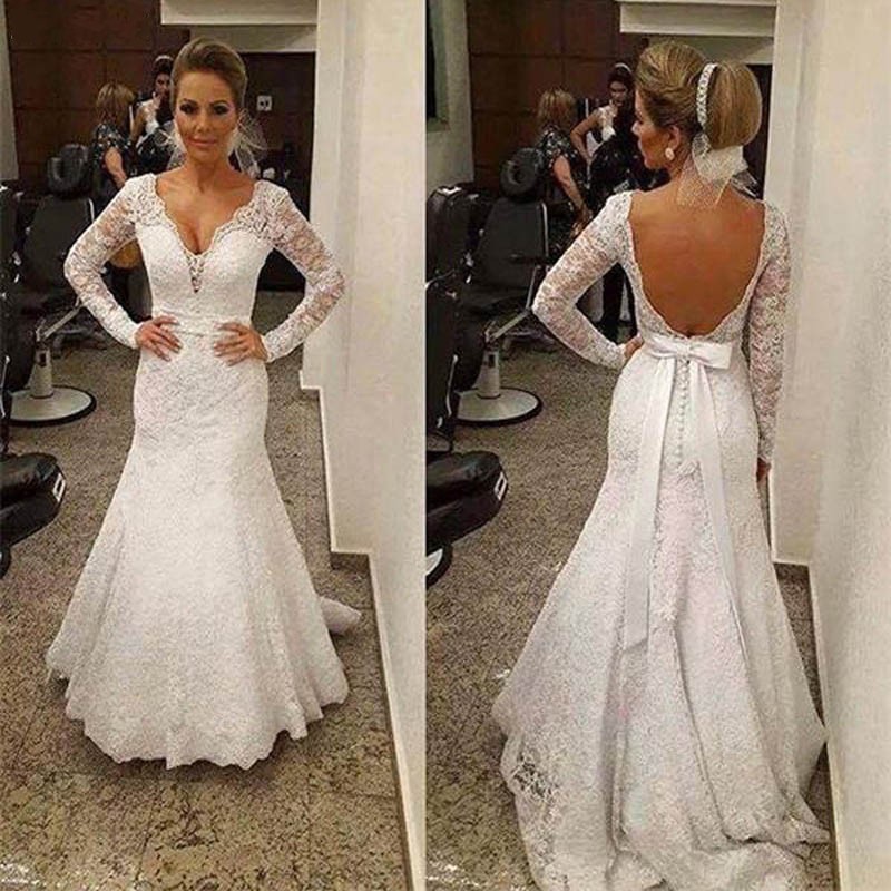 Blanc Vintage Dentelle Sirène Robes De Mariée Col En V Arc Ceinture Dos Nu Manches Longues Robes De Mariée Boho Robes De Mariée Robe De Noiva