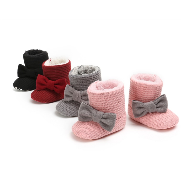 

Baby Boots Cute Big Bow Knit Wool Plus Velvet Warm Boots Winter New Baby Girl, Dark grey