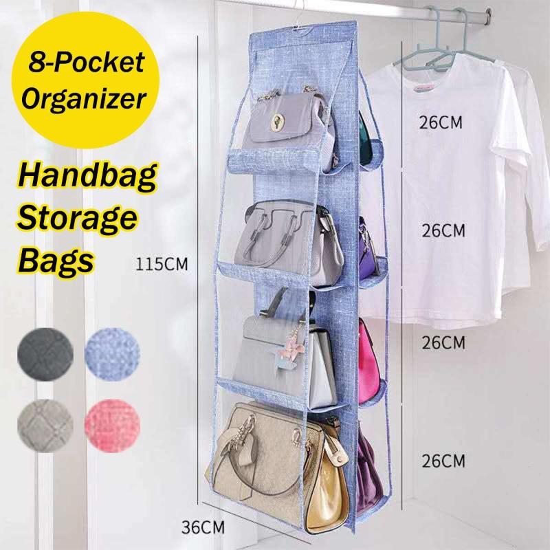 

8 Pocket Hanging Folding Storage Bag Purse Handbag Tote Dustproof Double-Sided Foldable Wardrobe Organizer Home Closet Hanger, Beige
