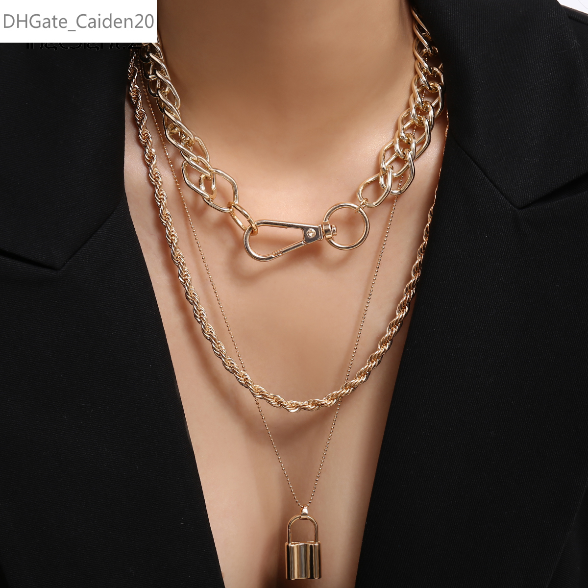 

Multi Layer Punk Miami Curb Cuban Chunky Thick Choker Necklace Vintage Lock Pendant Necklaces For Women Men Jewelry