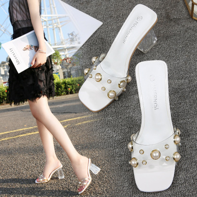 

Women Shoes Woman Slippers Mules Slides Peep Toe High Heels 8CM PVC Summer Clear Transparent Slippers Female Pearl Ladies Shoes, White