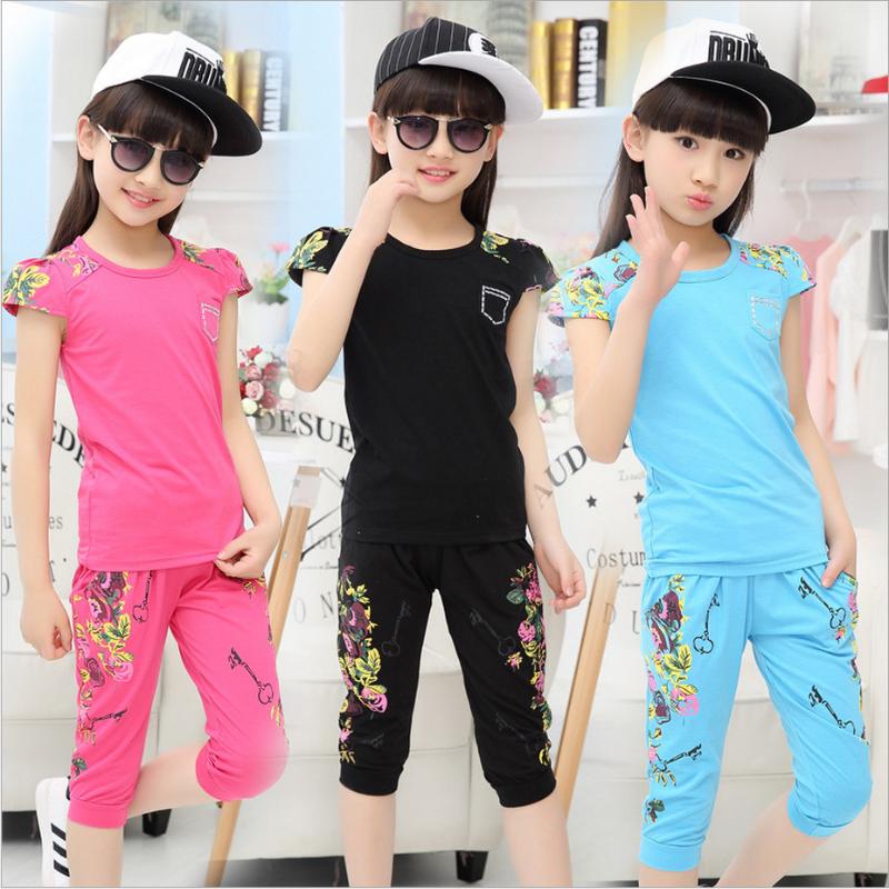 

Children Clothing Girls Clothing Set Casual Sport Print Cotton Short Sleeve Two Pieces T shirt Suits Low Price Size 110-160, Black