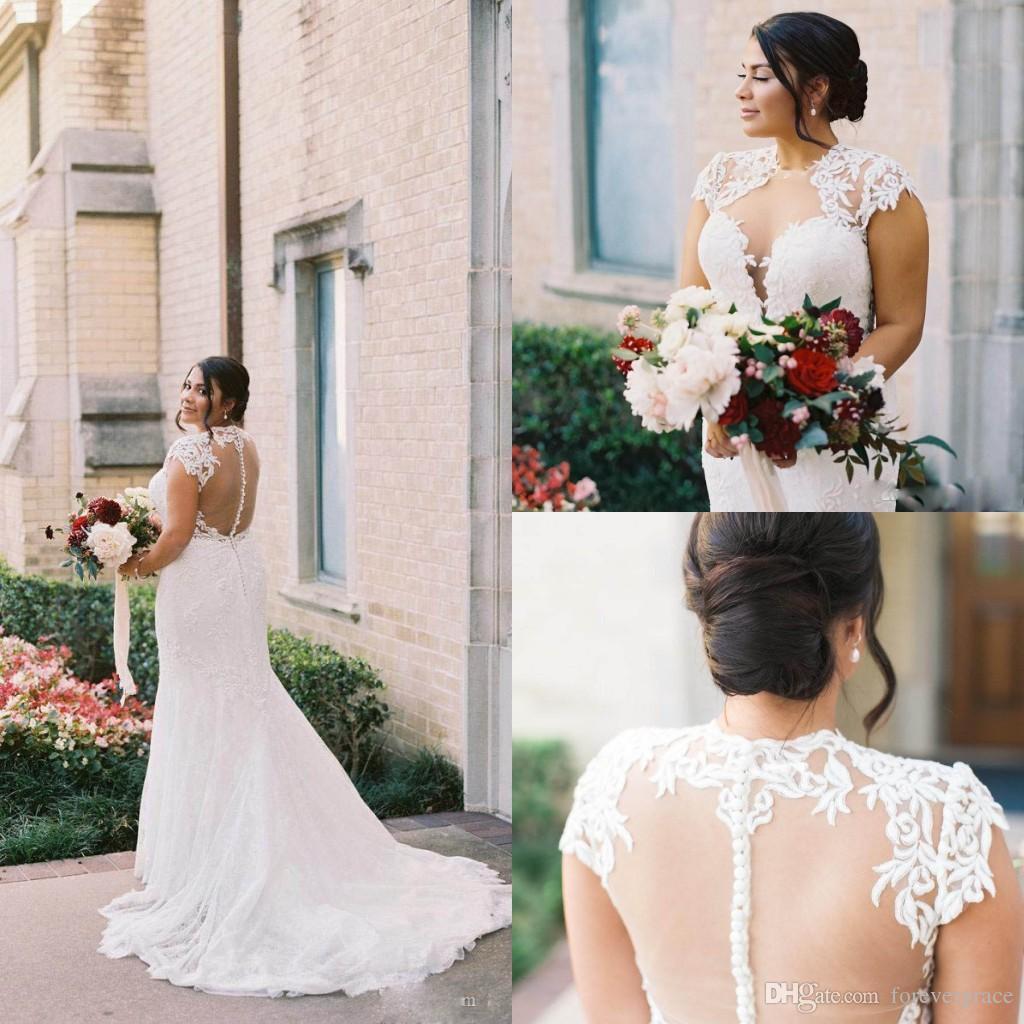 

2019 Mermaid Wedding Dress Sheer Jewel Neck Lace Appliques Illusion Back Long Country Church Garden Bride Bridal Gown Custom Made Plus Size, Black