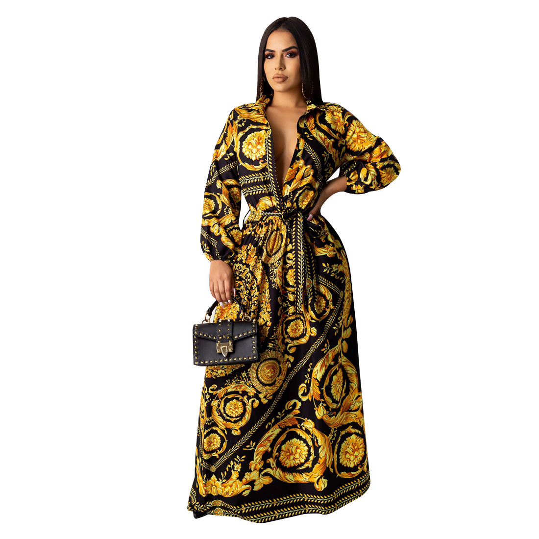 

New Women Sexy Shirt Dress Lapel Neck Long Sleeve Gold Flowers Priting Maxi Long Dresses With Belt Womens Clothing A362, Black;gray