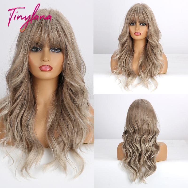 

TINY LANA Long Wavy Ombre Light Brown Blonde Ash Wigs with Bangs Synthetic Party Cosplay Hair Wigs for Black Women Fake Hair, Lc271-1