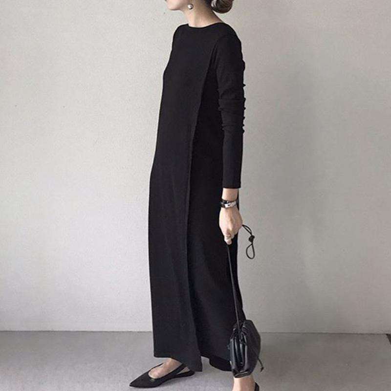 

Women Long Dress 2019 Fall Korean Style Long Sleeve Black Basic Pullover Dresses Causal Maxi Robe Office Ladies Loose Vestidos
