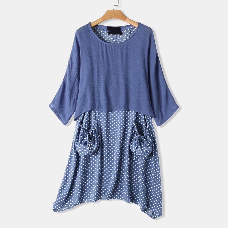

Women Long Maxi Dresses Polka Dot Large Loose Fake Two-piece Cotton Linen Dress Summer Dress Plus Size Sundress Female Cloth#J30, Red