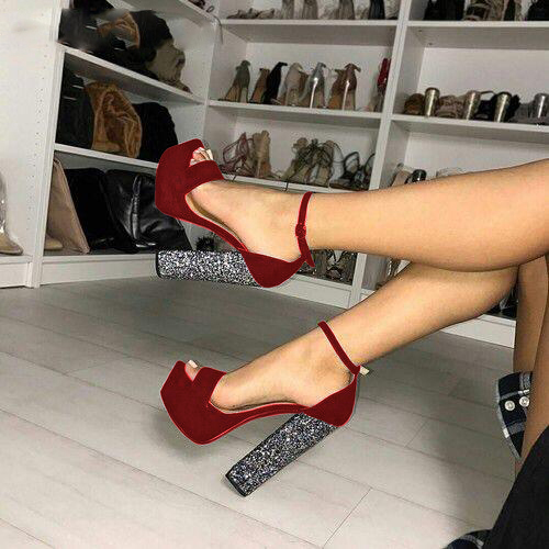 

Black Suede Chunky Heel Platform Sandals Line Buckle Style OpenToe Glittery Sequins Decorated Block Heel Dress Shoes