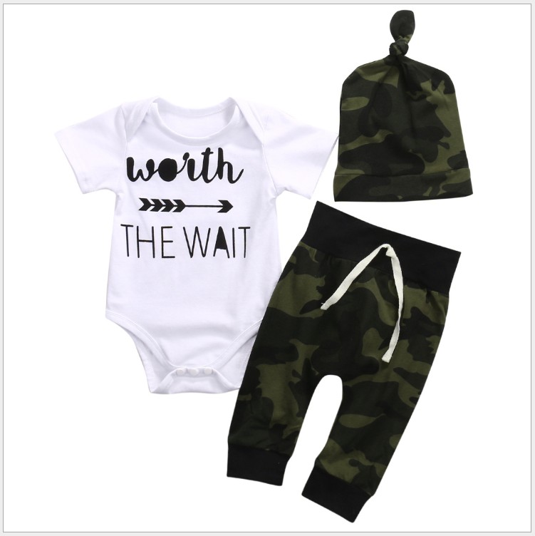 

3PCS Sets Baby Summer Clothing Set Toddler Short Sleeve Rompers+Camouflage Pants+Hats Infant Clothes Newborn Suit Kids Outfits, As picture