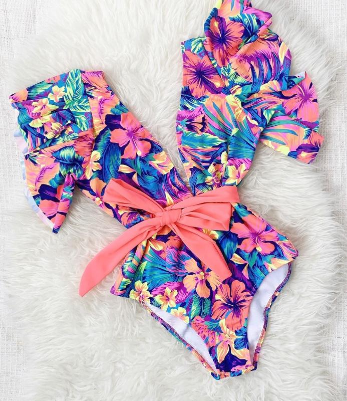 Belt Swimwear Women 2020 Sexy Bow Monokini Ruffle One Piece Swimsuit Female Deep V Bathing Suit Strappy Beachwear Print Bodysuit