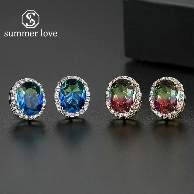 

Women Stud Earrings Round 18K Gold/Silver Plated Blue Rainbow Cubic Zircon Micro Pave Earrings for Bride Bridesmaid Wedding Jewelry