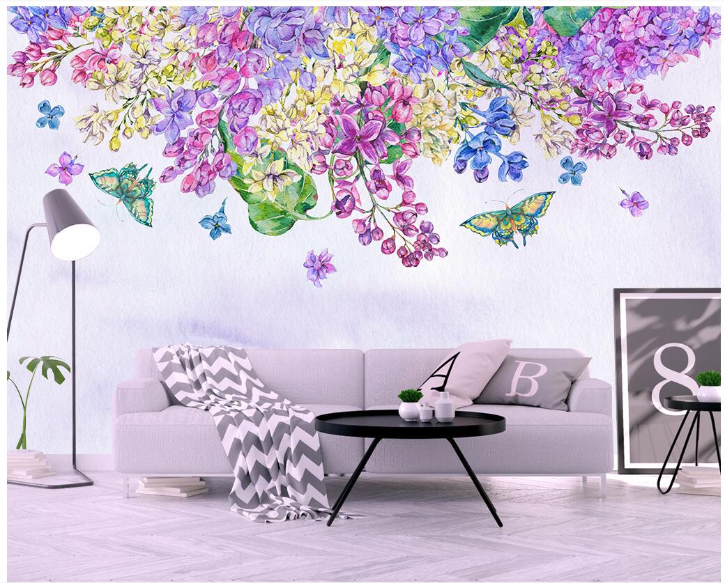 

WDBH 3d photo wallpaper custom mural European hand painted purple flower butterfly room home decor 3d wall murals wallpaper for walls 3 d, Non-woven