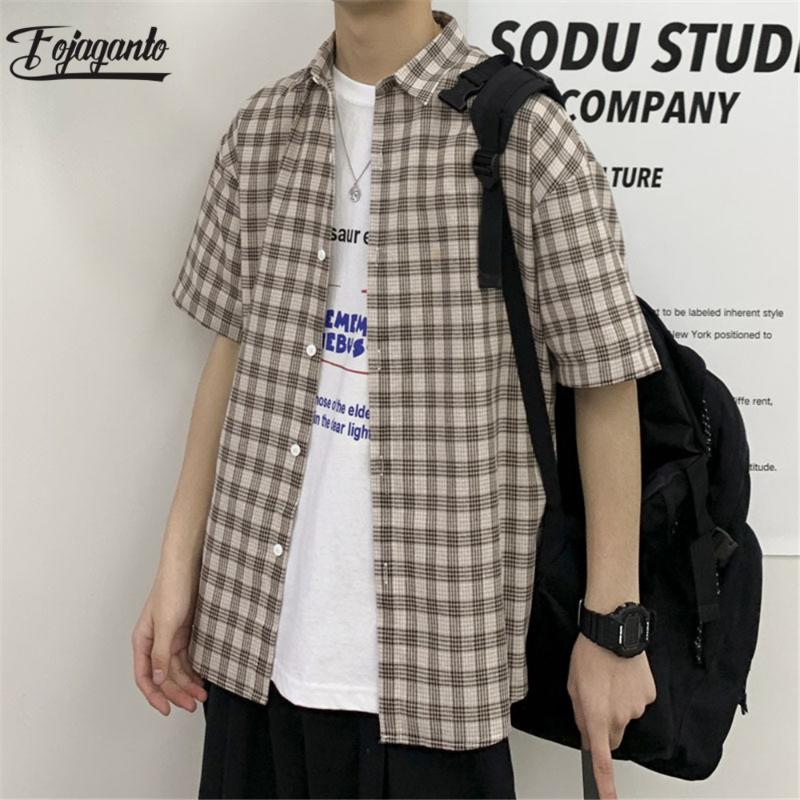 

FOJAGANTO Short Sleeve Shirt Men Summer New Men's Street Wild Shirt Fashion Casual Plaid Male, Black