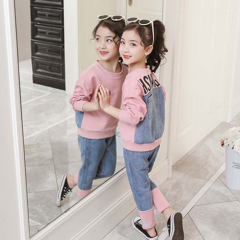 

Girls Sports Suits Fashion Denim Stitching Clothing Set for Teenage Girl Spring Autumn Tracksuit Kids Clothes Letter Sportswear, White