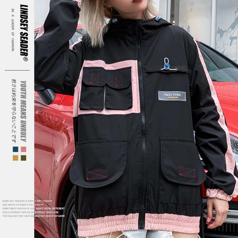 

Women Men's Mens Hip Hop Hooded Jacket Windbreaker Harajuku Vintage Camo Jackets Coat Autumn Camouflage Streetwear Outwear, Black